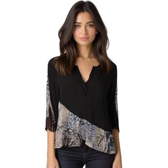 Cable & Gauge Tops - Cable & Gauge Black Sheer Mesh Tiered Front 3/4 Sleeve High Low Top Size S